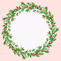 Decorative greeting card with wreath from drawn red roses and green leaves