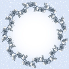 Decorative greeting card with wreath from sketches frozen wildflowers under snow