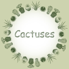 Decorative round border from sketches various cactuses
