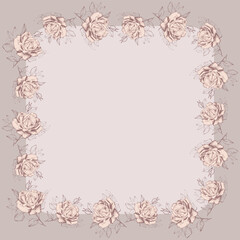 Decorative square greeting card with border from sketches delicate garden roses