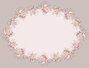 Decorative greeting card with oval border from sketches delicate garden roses
