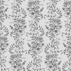 Seamless pattern of sketches vintage floral twigs with leaves,flowers and tendrils