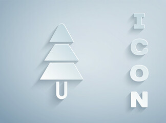 Paper cut Tree icon isolated on grey background. Forest symbol. Paper art style. Vector
