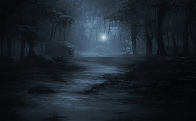 Gloomy dark night misty forest. Night landscape and forest, moonlight, trees, river in the forest. 3D illustration