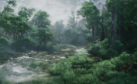 Forest fantasy summer green landscape. Foggy forest, panorama. 3D illustration.
