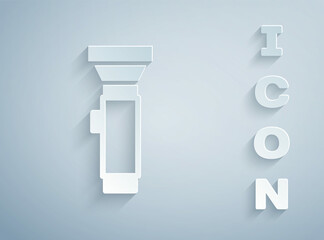 Paper cut Flashlight icon isolated on grey background. Paper art style. Vector