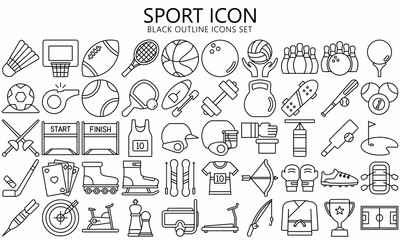 Sports and game black outline icons set, Contains such soccer, baseball, basketball, boxing and more. Used for modern concepts, web, UI, UX kit and applications. vector EPS 10 ready to convert to SVG.