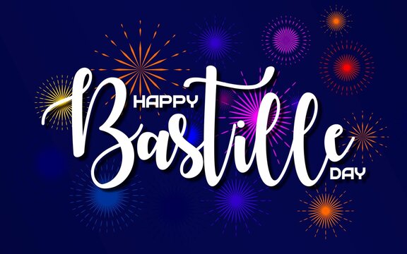 Happy Bastille Day greeting card design with fireworks illustration on blue background. National holiday in France