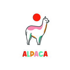Alpaca line art illustration logo and abstract shapes with cheerful colors
