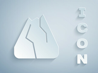 Paper cut Mountains icon isolated on grey background. Symbol of victory or success concept. Paper art style. Vector