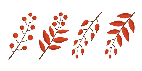 A set of autumn branches with red berries and leaves in a flat style. Vector image.