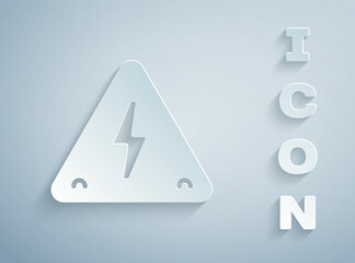 Paper cut High voltage sign icon isolated on grey background. Danger symbol. Arrow in triangle. Warning icon. Paper art style. Vector