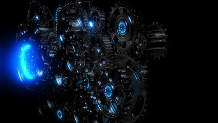 Mechanism blue illuminated black gears and cogs at work on spot light background. Industrial machinery. 3D illustration. 3D high quality rendering.
