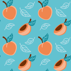 Peaches and twigs with leaves. Fruits. Summer print. Seamless pattern for fabric, wrapping, textile, wallpaper, clothes. Vector.