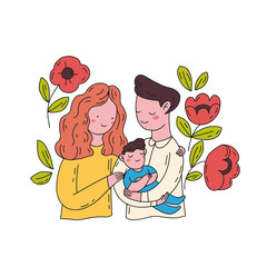 Happy parents and baby together hand drawn flat vector illustration. Doodle style vector design illustrations in color. 