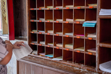 Inside of old traditional buddhist temple in Thailand