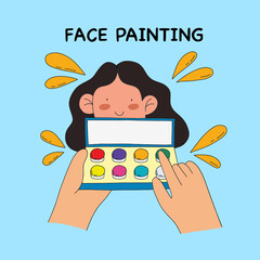 Face painting hand drawn flat vector illustration with cartoon character in minimal style isolated on blue background.