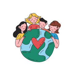 Happy earth day. People hug the globe, the earth. Earth day concept. Modern hand drawn flat cartoon style illustration in minimal style isolated on white background.