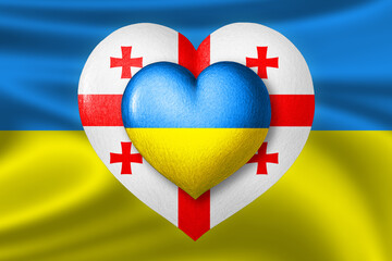 Flags of Ukraine and Georgia. Two hearts in the colors of the flags on the background of the flag of Ukraine. Protection, solidarity and help. Cooperation of countries.