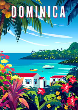 Tropical Island landscape with traditional houses, palm trees,   and the sea in the background. Handmade drawing vector illustration. Dominica travel poster design.