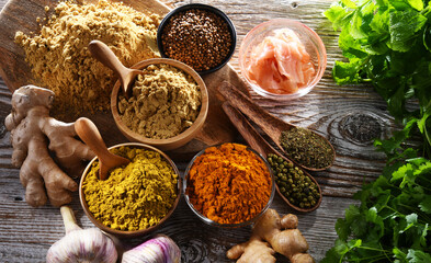 Fototapeta na wymiar Composition with assortment of spices and herbs