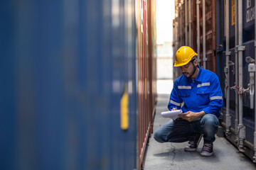 Container operator holding a notepad to write down his daily container inspection while working in...