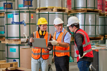 Three Foreman discuss work on laptop for planning warehouse factory