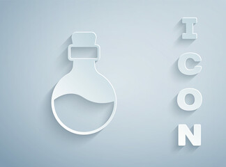 Paper cut Bottle with love potion icon isolated on grey background. Happy Valentines day. Paper art style. Vector