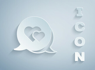 Paper cut Heart in speech bubble icon isolated on grey background. Happy Valentines day. Paper art style. Vector