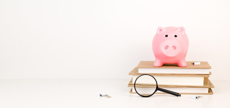Pink Piggy bank on top of books with as concept image of the costs of education or research. Education or research fund.Scholarship concept.Banner with place for text