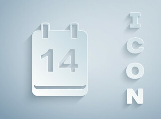Paper cut Calendar with February 14 icon isolated on grey background. Valentines day. Love symbol. Paper art style. Vector