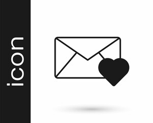 Black Envelope with Valentine heart icon isolated on white background. Message love. Letter love and romance. Vector