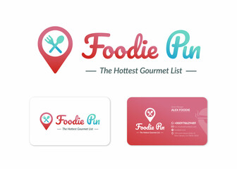 Find hunt food app logo design and name business card template vector. Location address pin with food symbol icon. Editable text