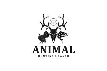 Animal deer turkey fish logo design silhouette bow archer arrow skull head antler horns vector