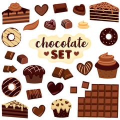 a large set of chocolate products. heart shaped sweets, chocolate pieces. black and milky. vector illustration
