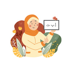 Illustration of a Muslim female teacher teaching Arabic letters which means Alif, Ba, Ta. Suitable for Islamic school illustrations