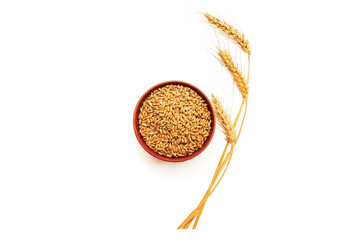 Ears of wheat in bowl isolated on white background. The problem of Ukrainian wheat exports due to the war with Russia