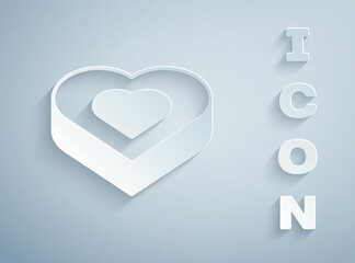 Paper cut Candy in heart shaped box icon isolated on grey background. Valentines Day. Paper art style. Vector