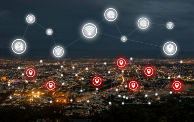 The city or landscape view with the technology icons of 5G phone wifi or internet. 