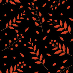 Pattern of autumn branches with red berries and leaves in different colors in a flat style. Vector image.