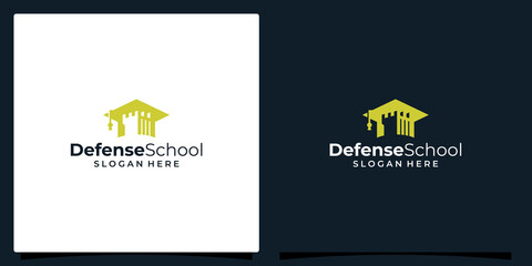College, Graduation cap, Campus, Education logo design and Strong tower defense castle illustration vector design.