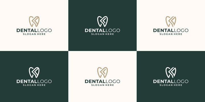 Collection dentistry clinic logo design with geometric line abstract dental logo and initials letter K abstract vector illustrator design.