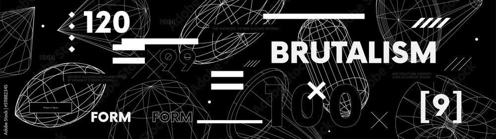 Aufkleber Retro futuristic web banner design with strange wireframes of geometric shapes modern design inspired by brutalism, Vector 3d structure physical figures, Old wave cyberpunk concept