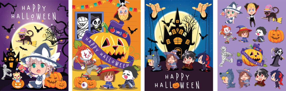 Happy Halloween Cute Chibi Girl Character 4pcs laptop wallpapers