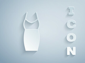 Paper cut Woman dress icon isolated on grey background. Clothes sign. Paper art style. Vector
