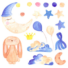 Handdrawn watercolor set of elements for children's textile. Scrapbook design, typography poster, label, banner, post card.