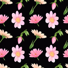Handdrawn aster seamless pattern. Watercolor pink flowers with green leaves on the black background. Scrapbook design, typography poster, label, banner, textile.