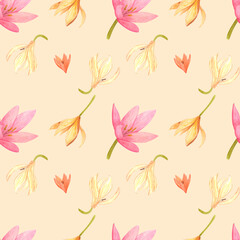 Fototapeta na wymiar Handdrawn llily seamless pattern. Watercolor pink and cream flowers with green leaves on the cream background. Scrapbook design, typography poster, label, banner, textile.
