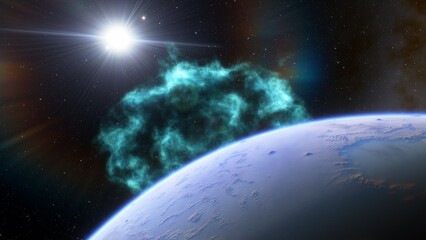 super-earth planet, realistic exoplanet, planet suitable for colonization, earth-like planet in far space, planets background 3d render
