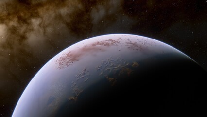 super-earth planet, realistic exoplanet, planet suitable for colonization, earth-like planet in far space, planets background 3d render
